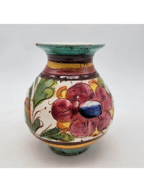 Hand-Painted Italian Sgraffito Majolica Vase with Floral Design